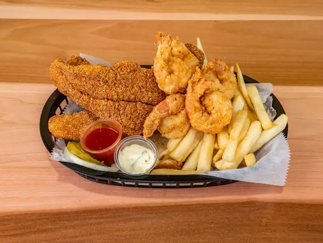 5pc Jumbo Shrimp, 3pc. Catfish or Basa w/ Fries 